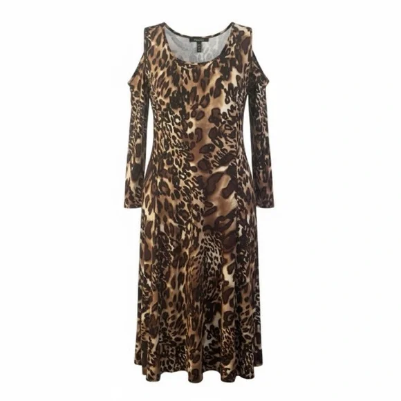 Susan Graver Leopard Print Cold-Shoulder Long Sleeve Dress Women’s Size L - Picture 3 of 7